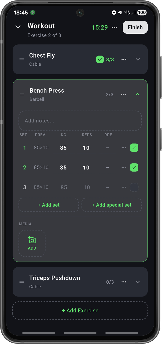 The Repcord workout screen, logging sets for a bench press